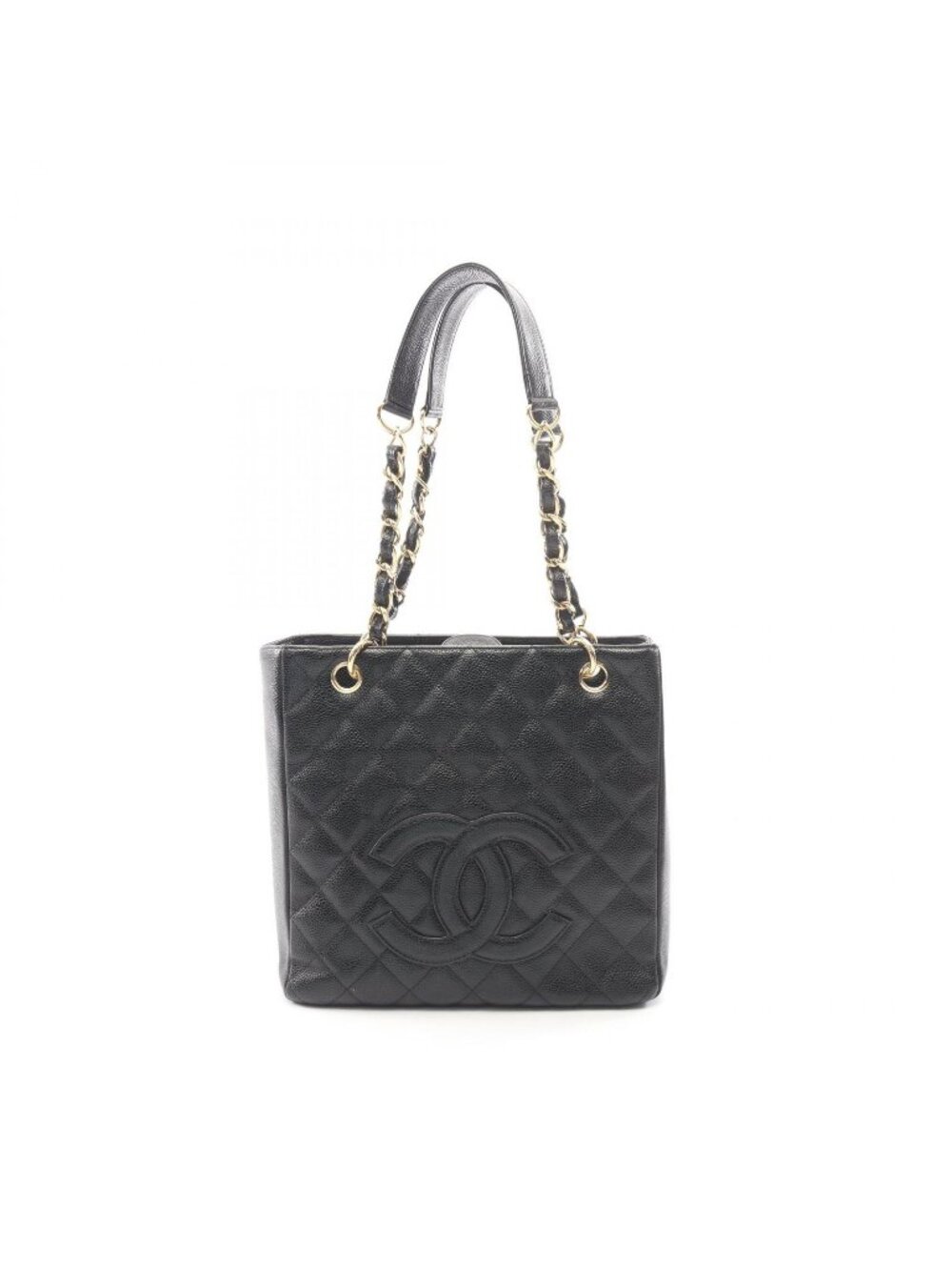 Chanel Tote Bag Quilted Black Caviar Leather Petite Shopping PST Chain